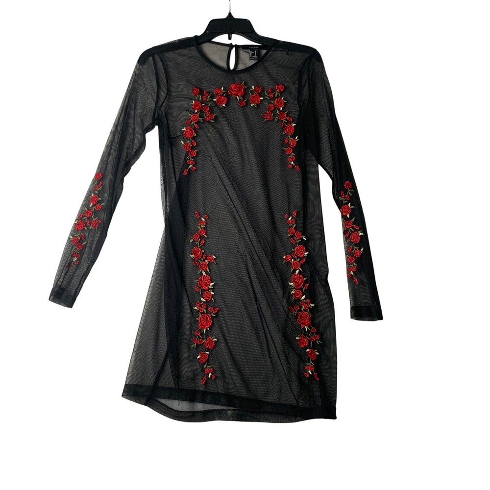 Forever 21 Black Mesh Rose Floral Embroidered Long Sleeve Mini Dress Women M